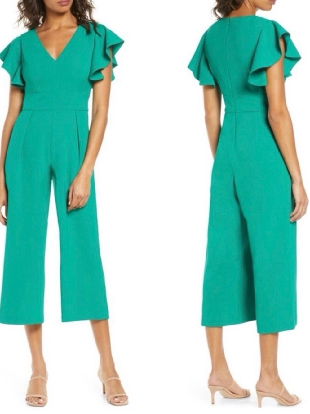 Eliza J Emerald Green Flutter Sleeve Cropped Jumpsuit Wide Leg Size 0 Wedding